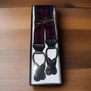 Brooks Brothers New Navy Burgundy Striped Nylon Leather Suspenders One Size